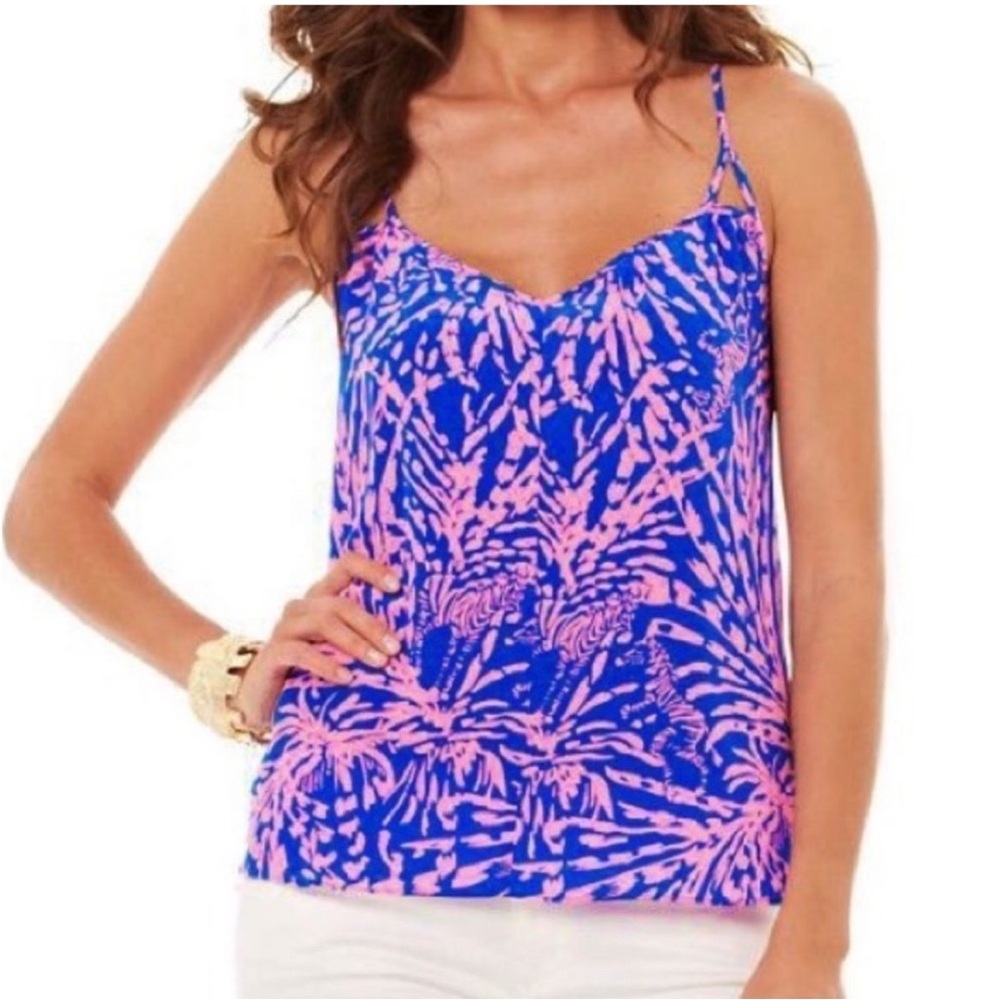 Lilly Pulitzer Rory Silk Camisole Tank Top Sapphire Blue Rollin in the Grass